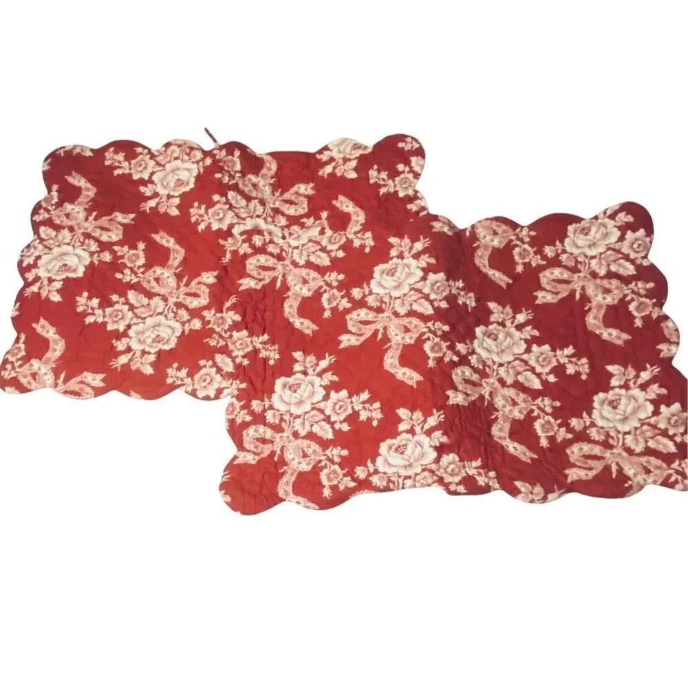 Red Floral Quilted 3 Pillow Shams Cottagecore French Country Scalloped Heloise